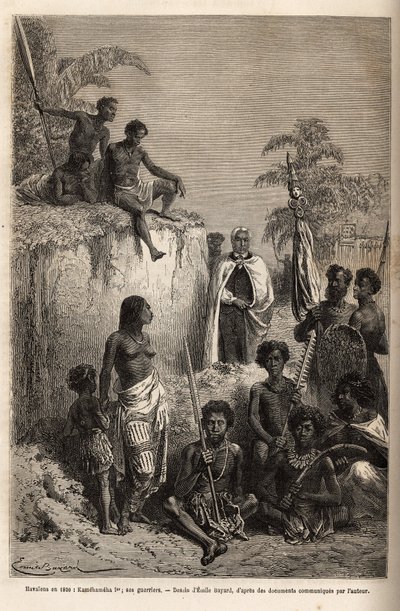 Kamehameha I (ca. 1758-1819), kung av Hawaiiöarna och grundare av deras enhet, omgiven av Hawaiikrigare och några undersåtar i Honolulu, gravyr efter teckning av Emile Bayard, som illustrerar resan till Sandwichöarna, 1855-69, av C av Emile Antoine Bayard