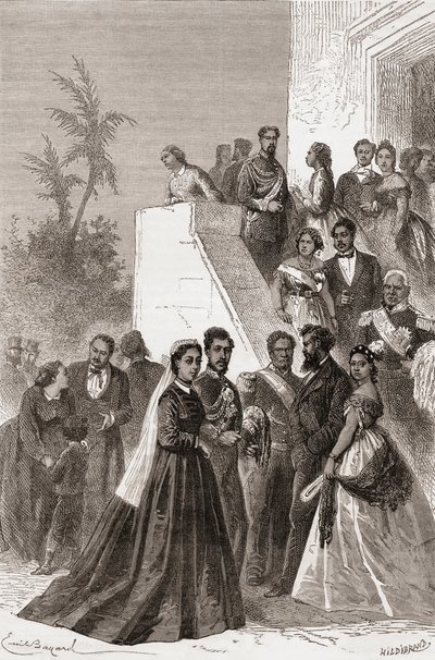 Kamehameha V, mitten, med sin familj, illustration från 