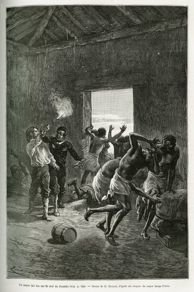Major Serpa Pinto sköt mot byns hövding eller slutade för att han krävde ännu mer konjak i utbyte mot sin gästfrihet. Gravyr av Emile Bayard, för att illustrera berättelsen om hur jag har korsat Afrika, från Atlanten till Indiska oceanen, av Majo av Emile Antoine Bayard