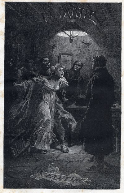 Monsieur Madeleine kommer till räddning av Fantine vid tiden för hans arrestering av Javert - Illustration av Emile Bayard (1837-1891) för "" Les miserables - Premiere partie: Fantine" av Victor Hugo (1802-1885) 1862 av Emile Antoine Bayard