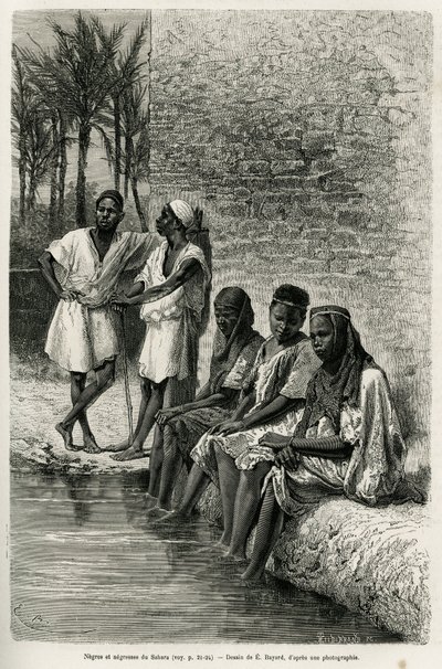 Negrer och negrer i Sahara, på stranden av Oued Rihr. Gravyr av E.Bayard, för att illustrera Algeriska Sahara, av V.Largeau, 1874-1878, publicerad i Tour du monde, under ledning av Edouard Charton (1807-1890) av Emile Antoine Bayard