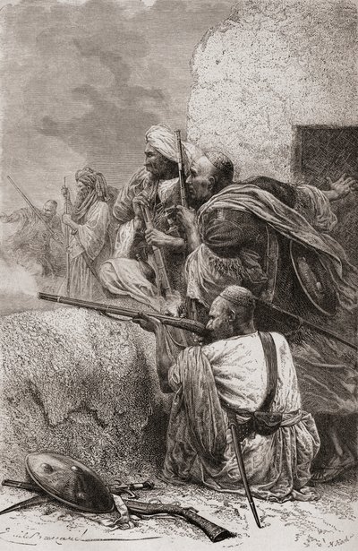 Nordafghanske oprørere kæmper mod briterne i bjergene i Hazara, Pakistan, under britisk styre, 1878 swed av Emile Antoine Bayard