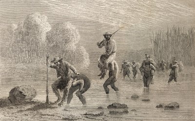 Paul Marcoy och hans expedition bärs över ett träsk i Argentina av Chuncho-indianer 1874, illustration från 