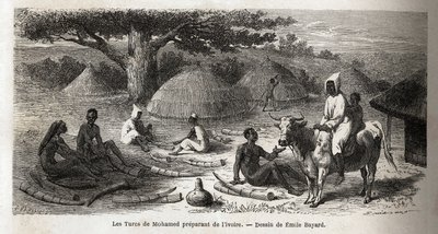 Beredning av elfenben, för en turkisk handlare, Uganda, teckning av Emile Bayard (1837-1891), som illustrerar kapten Spekes upptäcktsresa i Afrika från 1860 till 1863. Gravyr i "" Le tour du monde", redigerad av Edouard Charton av Emile Antoine Bayard