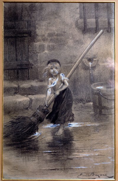 Representation av Cosette, svepande barfota. Illustration till "The Miserables" av Victor Hugo (1802-1885) av Emile Bayard (1837-1891) 1800-talet. Paris, Maison Victor Hugo av Emile Antoine Bayard