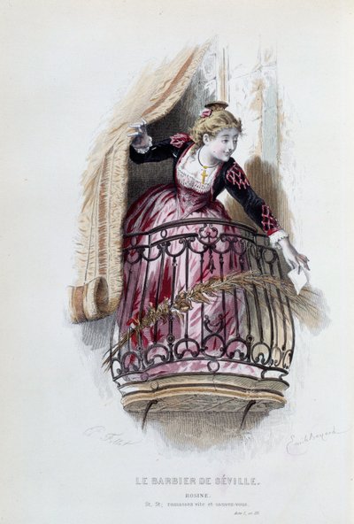 Rosine i "Barberaren i Sevilla" av Pierre Augustin Caron de Beaumarchais (1732-1799), teckningar av Emile Bayard (1837-1891) av Emile Antoine Bayard