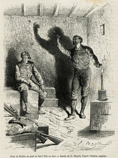 Sir Henri Morton Stanley (1841-1904) och Franck Pock, hans utforskningskamrat, bestämde sig för en hög eller ansikte av resvägen, ritade av Emile Bayard, för att illustrera berättelsen "Genom den mystiska kontinenten"" (Ekvatorialafrika), en resa c av Emile Antoine Bayard