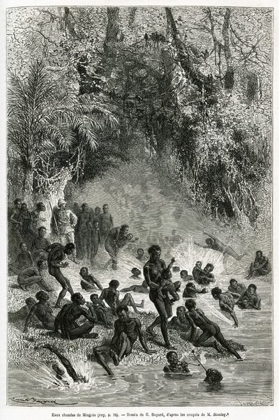 Sir Henri Morton Stanley (1841-1904) mitt bland badgästerna i Karagoue-regionen (Kamerun), som kastar sig ner i den varma och medicinska vattenbassängen i Mtagata-ravinen, ritad av Emile Bayard, för att illustrera historien "Genom det mystiska Kontinenten” av Emile Antoine Bayard