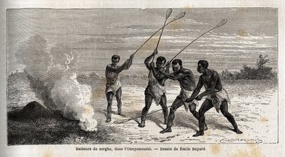 Sorghum-trummisar, i ounyamoezi (regionen vid de stora sjöarna, Afrika), teckning av Emile Bayard (1837-1891), som illustrerar kapten Spekes upptäcktsresa i Afrika från 1860 till 1863. Gravyr i "" Le tour du monde"", redigerad av Edouard Charton av Emile Antoine Bayard
