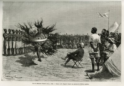 Sova Mavanda (kungen), omgiven av sina män som psalmodierar en monoton sång, dansar framför majoren. Gravyr av Emile Bayard för att illustrera berättelsen om hur jag har korsat Afrika, från Atlanten till Indiska oceanen, av major Serpa Pinto, av Emile Antoine Bayard