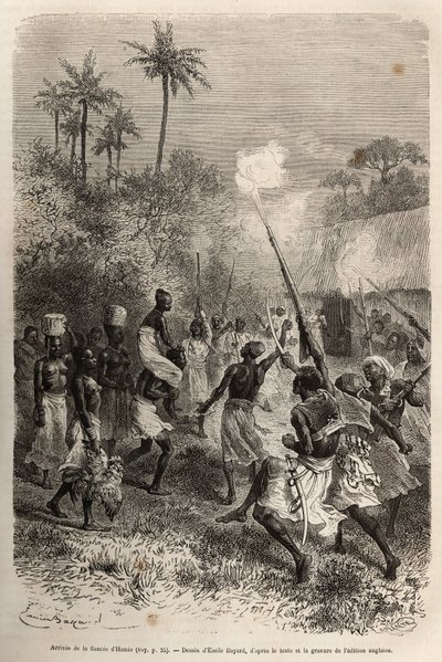 Ankomsten av Hamis fästmö till byn Hara (Zambia), califourchon på en mans axel, åtföljd av ett dussin anhängare som var och en bär en liten korg med proviant på huvudet, etsat efter en teckning av Emile Bayard, som illustrerar David Livingstone av Emile Antoine Bayard
