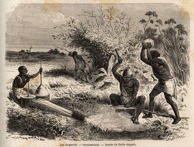Smederna, i ounyamoezi (regionen vid de stora sjöarna, Afrika), teckning av Emile Bayard (1837-1891), som illustrerar kapten Spekes upptäcktsresa i Afrika från 1860 till 1863. Gravyr i "" Le tour du monde"", redigerad av Edouard Charton av Emile Antoine Bayard