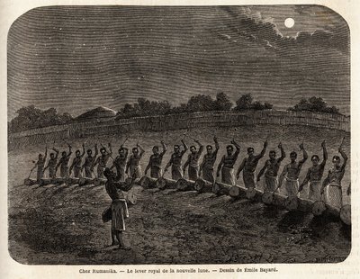 Ceremonin för trummorna för nymånens uppgång, i spetsen för stammen Rumanika, i Karague (väster om Victoriasjön, i dagens Zimbabwe), teckning av Emile Bayard (1837-1891), som illustrerar kapten Spekes resa upptäckt i Afrika från 186 av Emile Antoine Bayard