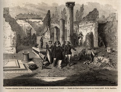 Utgrävningarna 1864 i Pompei, under ledning av inspektör Fiorelli, teckning av Emile Bayard (1837-1891), för att illustrera texten av Marc Monnier (1829-1885) "" Pompei och Pompeierna". Gravyr i "" Le tour du monde"", redigerad av Edouard Chart av Emile Antoine Bayard