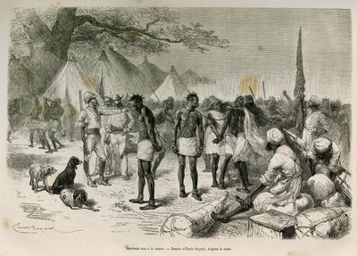 Expeditionens fräcka bärare satt i kedjan, teckning av Emile Bayard, för att illustrera historien: Across Africa, from Zanzibar (Tanzania) till Benguela (Angola), från 1872 till 1876, av löjtnant V.H.Cameron. Gravyr i Le tour du monde av Emile Antoine Bayard