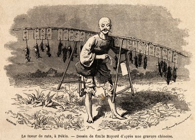 Råttmördaren i Pekin. Teckning av Emile Bayard (1837-1891), för att illustrera Shanghais resa till Moskva, från 1859 till 1862, av M. de Bourboulon, Frankrikes minister till Kina. Gravyr i "" Le tour du monde"", redigerad av Edouard Charton av Emile Antoine Bayard