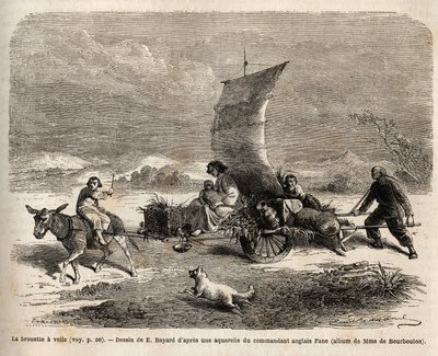 Segelskottkärran, förflyttningssystem som används i norra Kina, teckning av E.Bayard, som illustrerar resan från Shanghai till Moskva av Emile Antoine Bayard