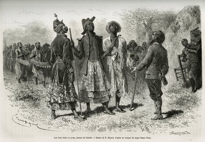 De tre dirigenterna (eller sovaerna), prinsarna av Dombe (Angola), och deras svit av musiker och hovman, kommer för att träffa upptäcktsresanden S.Pinto. Gravyr av Emile Bayard, för att illustrera historien om hur jag har korsat Afrika, från Atlanten till  av Emile Antoine Bayard