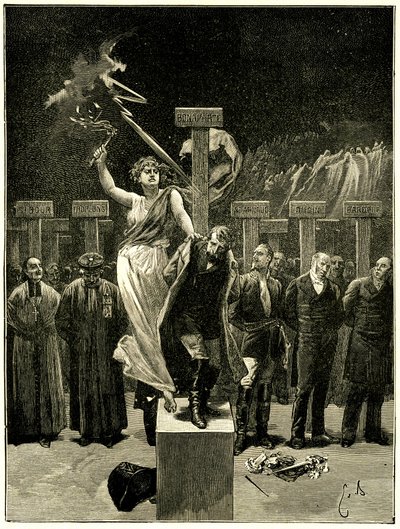 Victor Hugo, Les Chatiments, illustration av Emile Bayard. "" Det skulle vara ett misstag att tro att dessa saker/kommer att sluta med sånger och apoteoser""". Det sägs att denna evocation av framtiden orsakade fruktan för Napoleon 3. av Emile Antoine Bayard