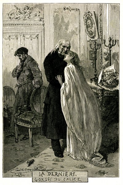 Victor Hugo "The Miserables", "The Last Gorgee of the Chalice". Illustration av Emile Bayard. Den tidigare forcat Jean Valjean blev gammal med Cosette och Marius. Gravyr av upplagan Ollendorff 1906. av Emile Antoine Bayard