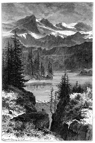 Utsikt över Alperna: skog, sjö, toppar. Illustration av Emile Bayard för boken Les Montagnes d