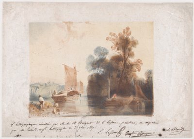 Landskap med flod och båtar, 1837 av Emile Aubert Lessore