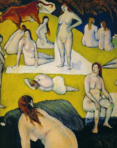 Baigneuses a la vache rouge (olja på duk) av Emile Bernard