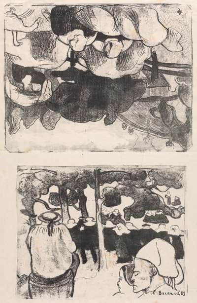 Les Bretonneries: Bretonska kvinnor gör höstackar (Bretonnes Faisant les Foins) och bröllop i Bretagne (La Noce en Bretange) av Emile Bernard