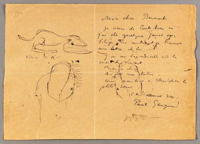 Brev till Emile Bernard med tre bläckskisser som noterar "Vincents död", Tahiti, 1890-talet av Emile Bernard