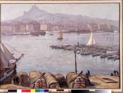 Den gamla hamnen i Marseille och Notre Dame de la Garde (Notre-Dame-de-la-Garde), även kallad den goda modern”” Målning av Emile Bernard (1868-1941) 1929 Dim. 77,5x107 cm Obligatoriskt omnämnande: Samlingsstiftelsen hälsningar från Provence, Marseille av Emile Bernard