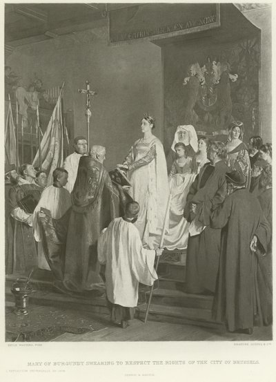 Maria av Bourgogne svär att respektera Bryssels stad (gravyr) av Emile Charles Wauters