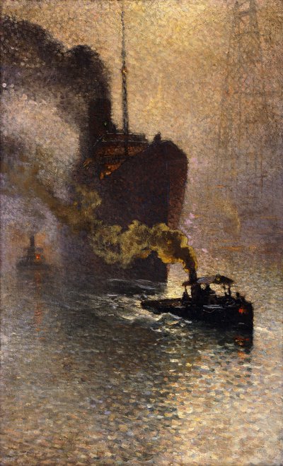 I släp på Themsen i dimman; Escorte sur la Tamise dans le Brouillard - Tagen in Tow on Themsen, 1918 av Emile Claus