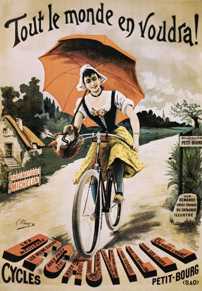 Vintage affisch av kvinna som cyklar med rött paraply av Emile Clouet