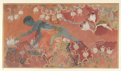 Målning av den blå apan saffransamlarfresken från Palace of Minos i Knossos (Evans Fresco Ritning L/3 a)), cirka 1921 (papper, pigment) av Emile Gilliéron