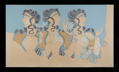 Målning av de restaurerade damerna i blå fresco från Palace of Minos i Knossos (Evans Fresco Drawing O/7) av Emile Gilliéron