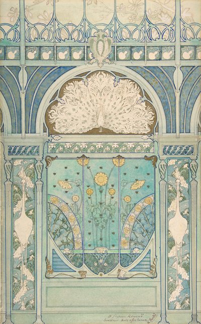 Design för en väggdekoration med påfågel, tranor och solrosor för restaurangen..., 1896-98 av Emile Hurtré
