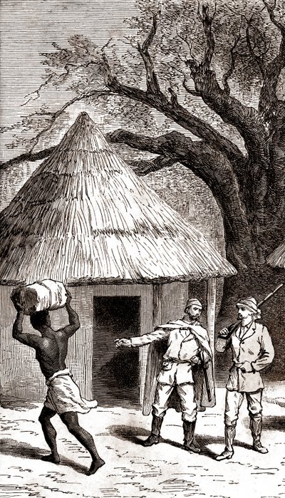 Upptäcktsresande och bärare framför en afrikansk hydda,1887 (