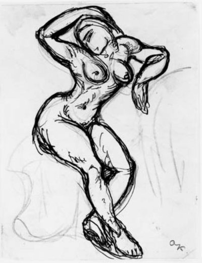 Sittande kvinnlig modell med höger arm ovanför huvudet. av Emile Othon Friesz