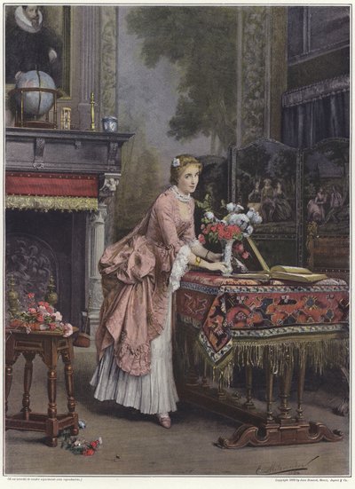 En kvinna som placerar en vas med blommor på ett bord av Emile Pierre Metzmacher