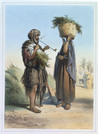 Fellah Man and Woman, illustration från "The Valley of the Nile", graverad av Mouilleron, pub. av Lemercier, 1848 av Emile Prisse d
