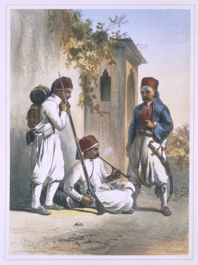 Nizamior, ordinarie trupper från den turkiska armén i Kanka, illustration från "Nildalen", graverad av Mouilleron, pub. av Lemercier, 1848 av Emile Prisse d