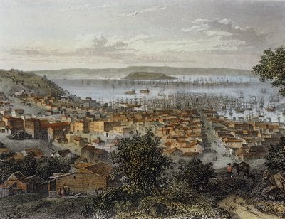 Vy över San Francisco, Kalifornien, USA. Gravyr ... (gravyr) av Emile Rouargue
