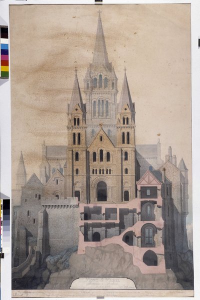 Gotisk arkitektur: kyrkans fasad och klippning av klosterhus. Ritning av Avranches kommunala museum (Manche) av Emile Sagot