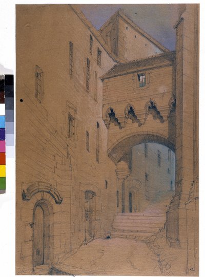 Början av den stora graden och bron befäster. Mont Saint Michel. Teckning av Emile Sagot. Avranches kommunala museum (Manche) av Emile Sagot