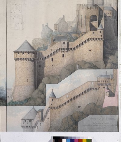 Utsikt över machicoulis mellan norra tornet och Claudine-tornet på Mont Saint Michel. Teckning av Emile Sagot. Avranches kommunala museum (Manche) av Emile Sagot