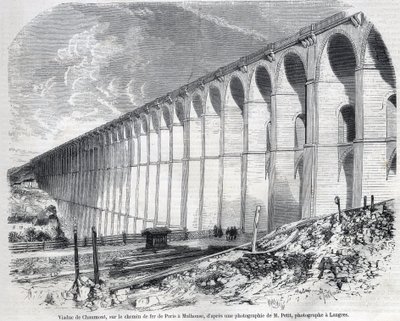 Chaumont Viaduct på järnvägen från Paris till Mulhouse. Gravyr efter skiss av Ralph i ""The Illustrous World"", 1857-05-09. Privat samling. av Emile Theodore Therond