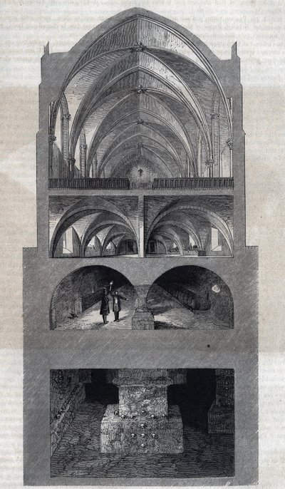 Tvärsnitt av Napoleongymnasiet i Paris (idag Lycée Henri IV). Från topp till botten: matsalen, köket, källarna, katakomberna. Gravyr av Therond. I "" Le Magasin Picturesque"" av Emile Theodore Therond