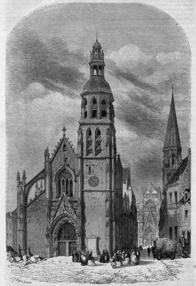 Exteriörvy av kyrkan Saint Martin (1400-1500-talet) i Vendome, Loir och Cher (41), innan dess rivning 1857. Gravyr av Therond i "" Le Magasin Picturesque"" av Emile Theodore Therond
