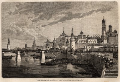 Översikt över Moskva, tagen från Moskowa, ritning av Therond, för att illustrera resan från Shanghai till Moskva, från 1859 till 1862, av M. de Bourboulon, Frankrikes minister till Kina. Gravyr i "" Le tour du monde", redigerad av Edouard Charton av Emile Theodore Therond