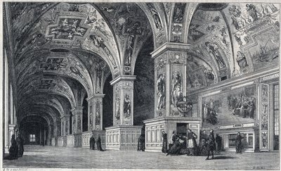 Invändig bild av Vatikanens bibliotek på 1700-talet. Gravyr av Therond efter teckning av Francois Pannini. av Emile Theodore Therond